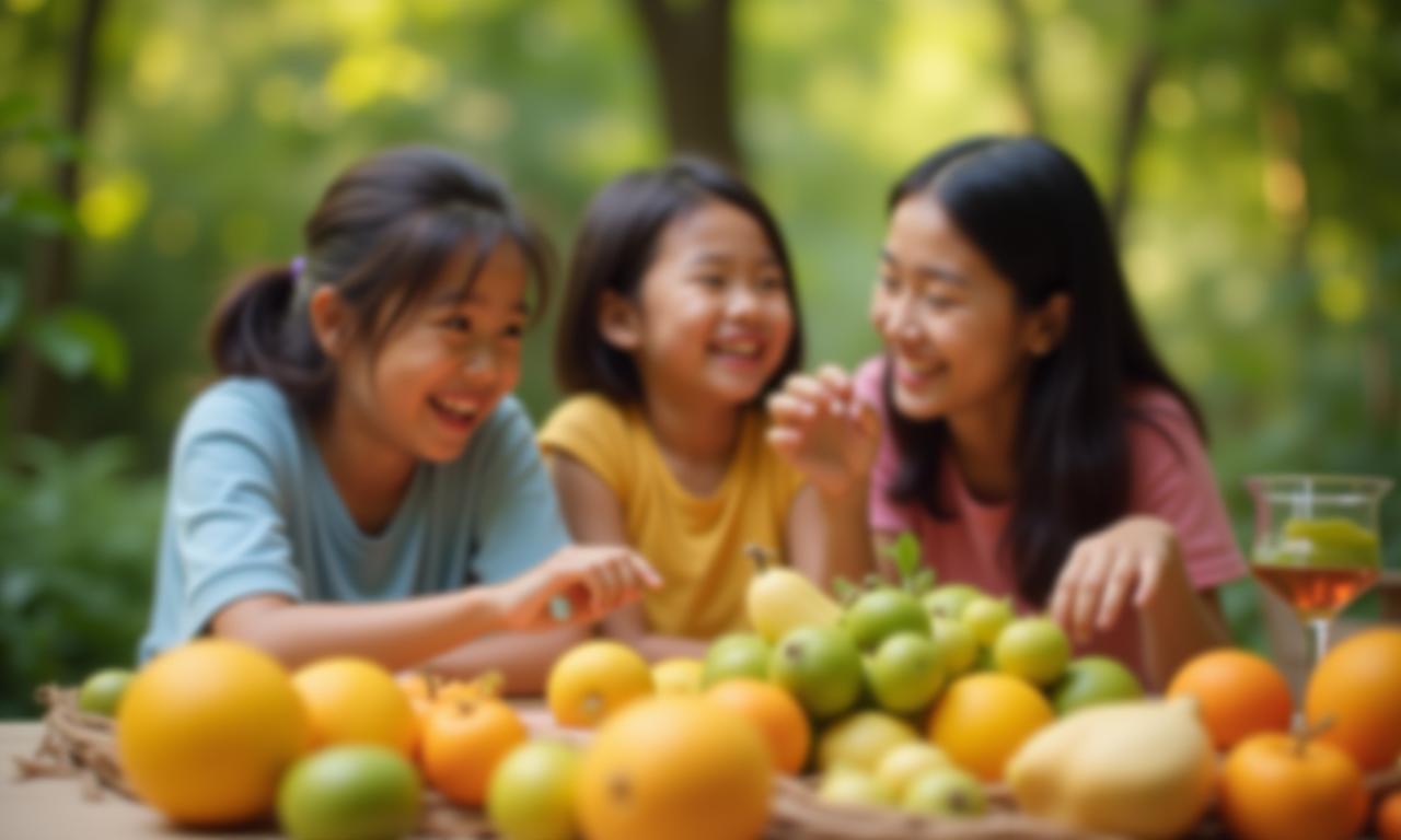 Keluarga aktif tersenyum dengan buah segar sebagai latar belakang